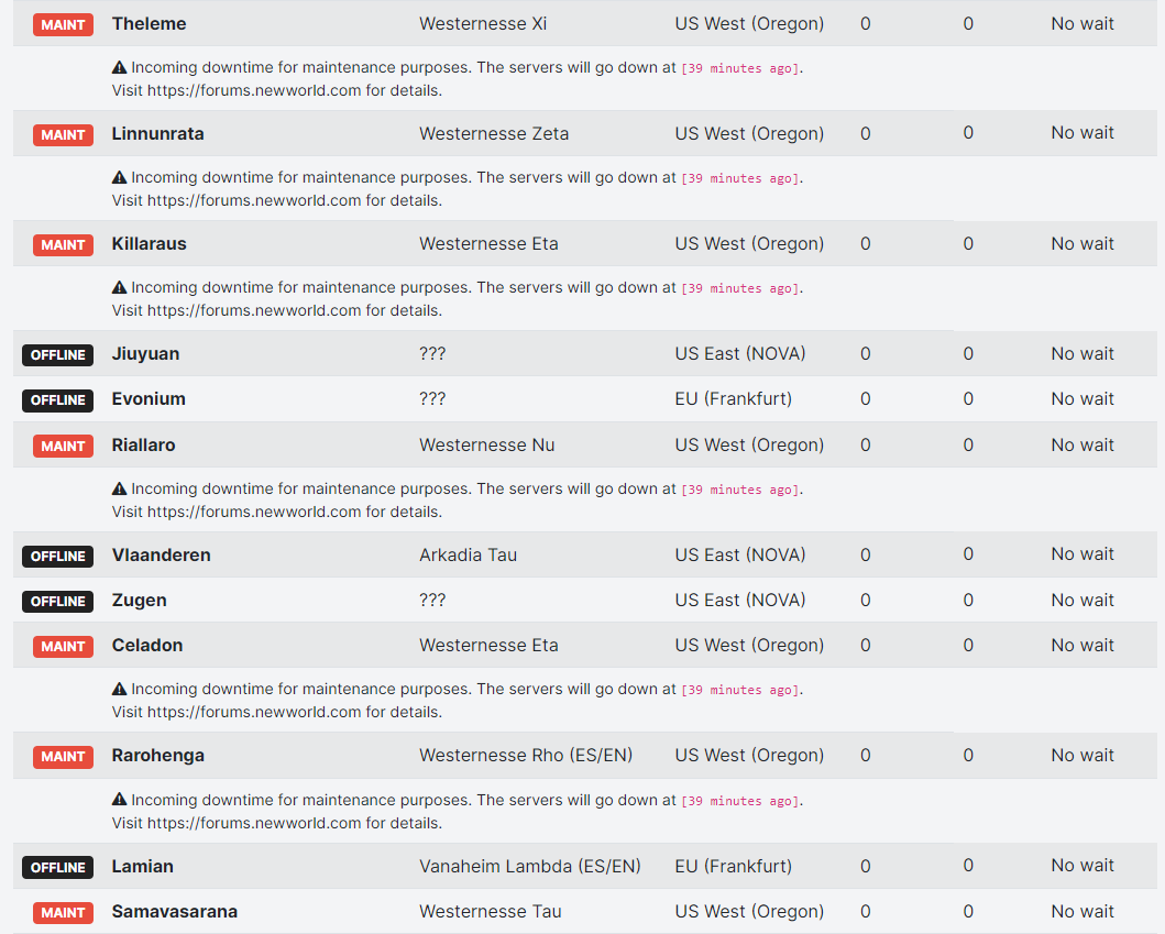 New World Server Maintenance Status and Downtime