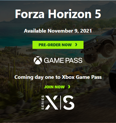Forza Horizon 5 Available on Xbox Game Pass on November 9, 2021